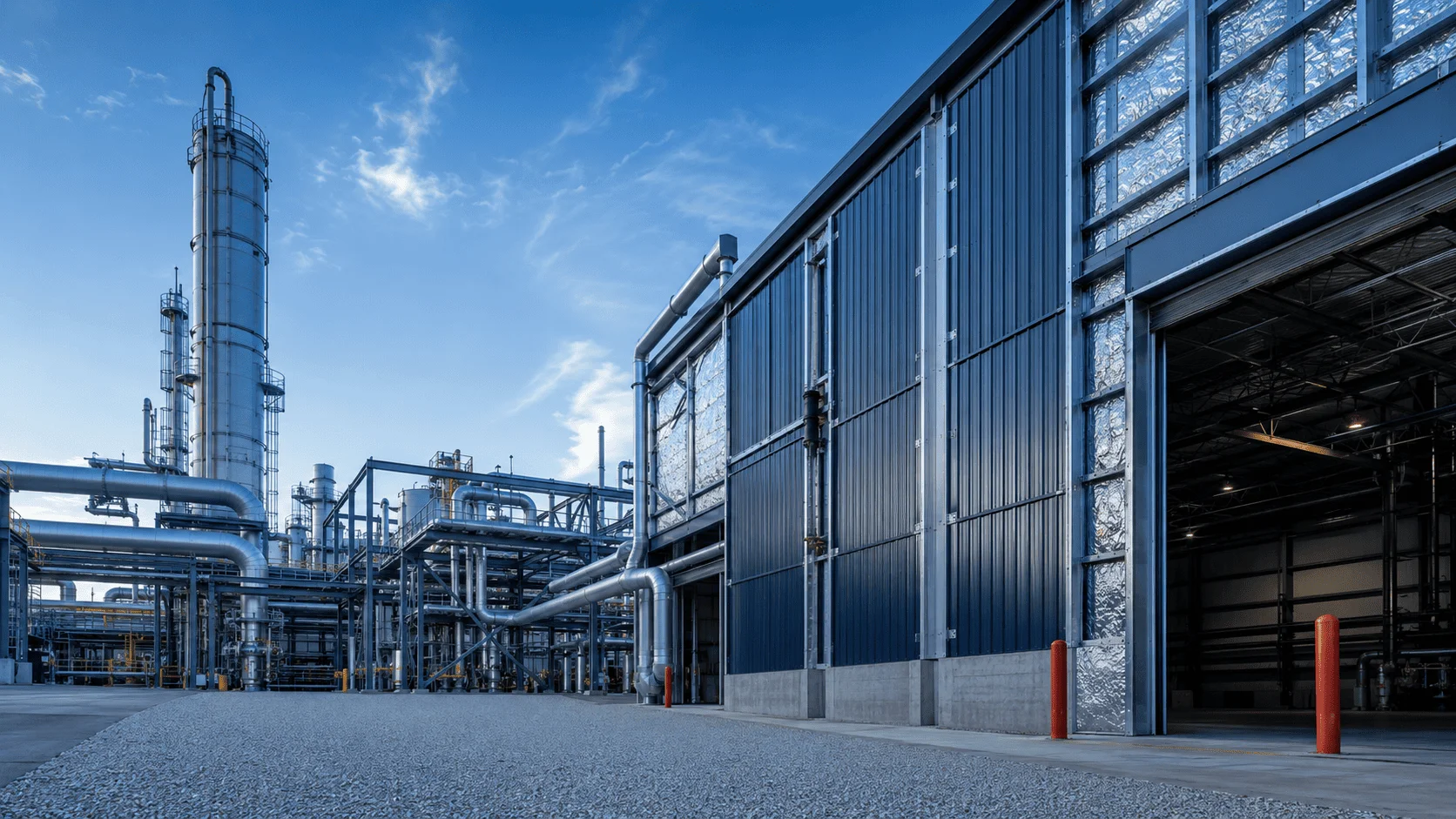 Industrial facility with insulated piping and a metal building envelope
